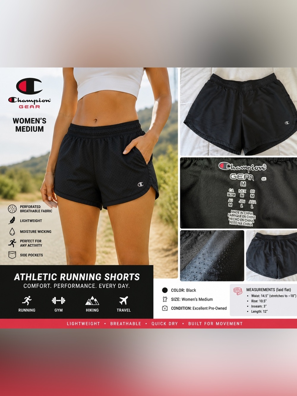 Champion Gear Black Perforated Running Shorts Women’s M Athletic Gym Activewear